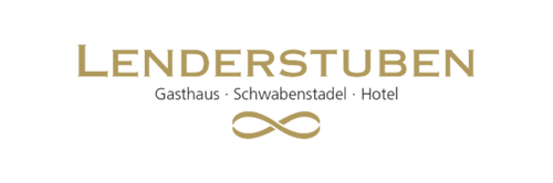 Logo design for Lenderstuben Gasthaus hotel featuring an infinity symbol and elegant text in gold tones.
