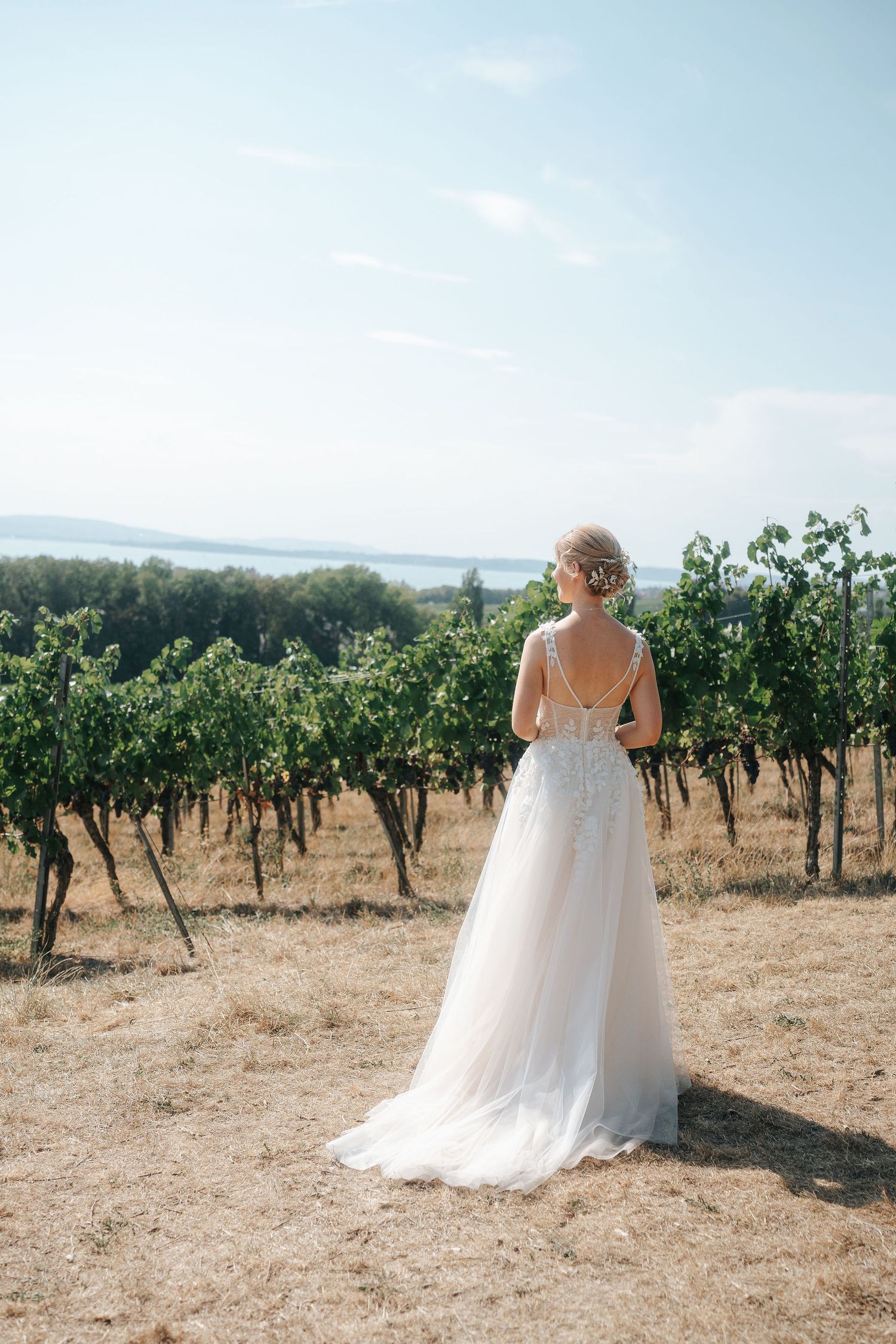 Bride in a flowing tulle wedding gown stands facing a sunlit vineyard with a distant lake view under a soft blue sky.