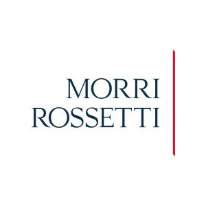 Minimalist logo design for Morri Rossetti featuring navy blue text and a vertical red line accent.