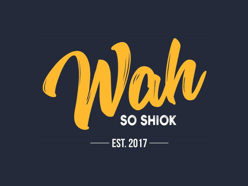 Yellow script logo design for 'Wah So Shiok' restaurant established in 2017 on dark navy background.