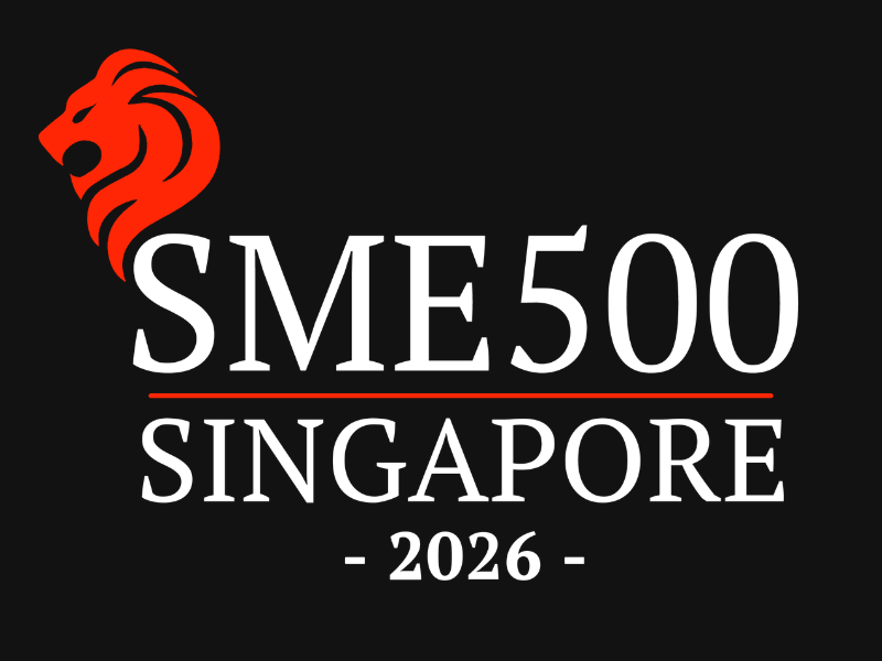 SME500 Singapore 2026 logo featuring a red stylized lion head icon against a black background.