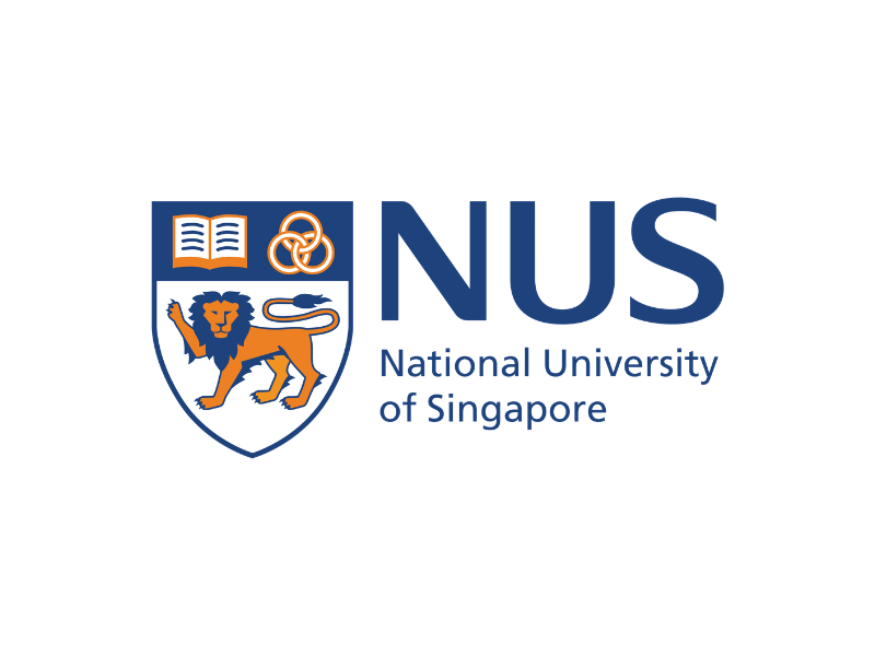 Blue and white National University of Singapore logo with lion shield crest on white background.