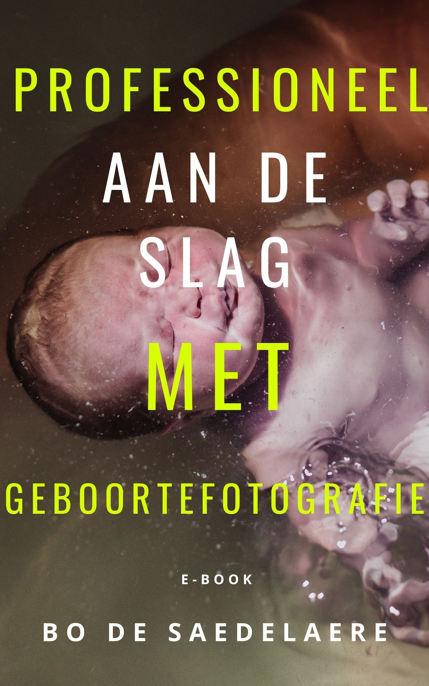 Book cover design featuring soft pink and green tones with Dutch text about professional birth photography.