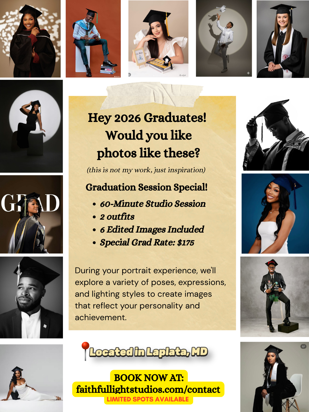 Graduation photo session promotional flyer for 2026 graduates featuring diverse students in caps and gowns, located in La Plata, MD.