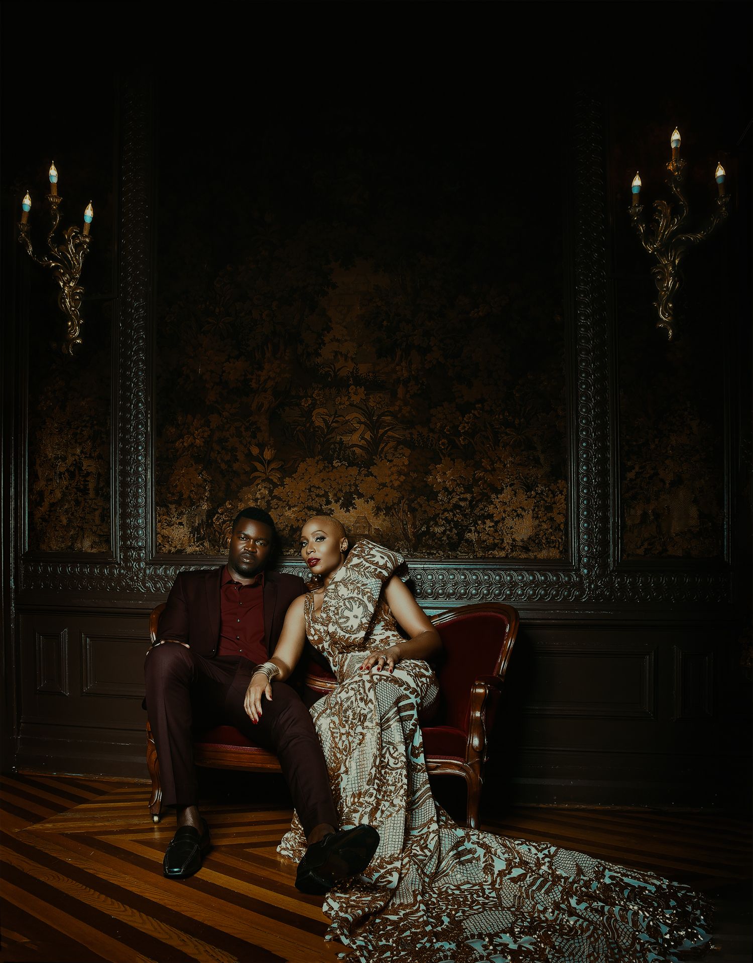 Dramatic sequence of dance poses in an ornate ballroom with moody lighting and dark shadows.