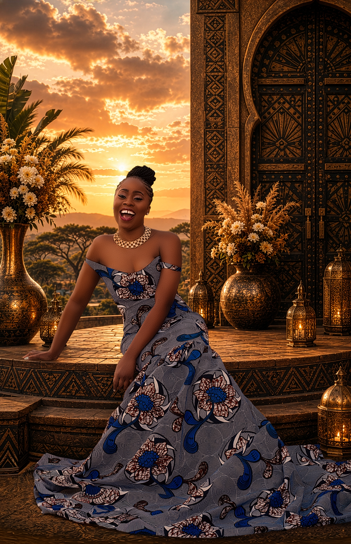 A joyful woman in a vibrant African print gown poses at sunset near ornate decor and golden vases.