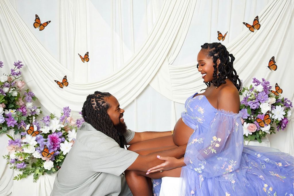 Romantic wedding photoshoot with monarch butterflies and purple floral decorations against a white backdrop.