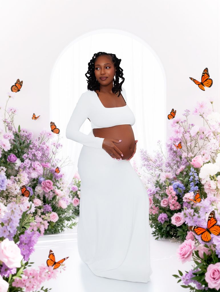 A maternity photoshoot series with pink and purple flowers and monarch butterflies against a white background.