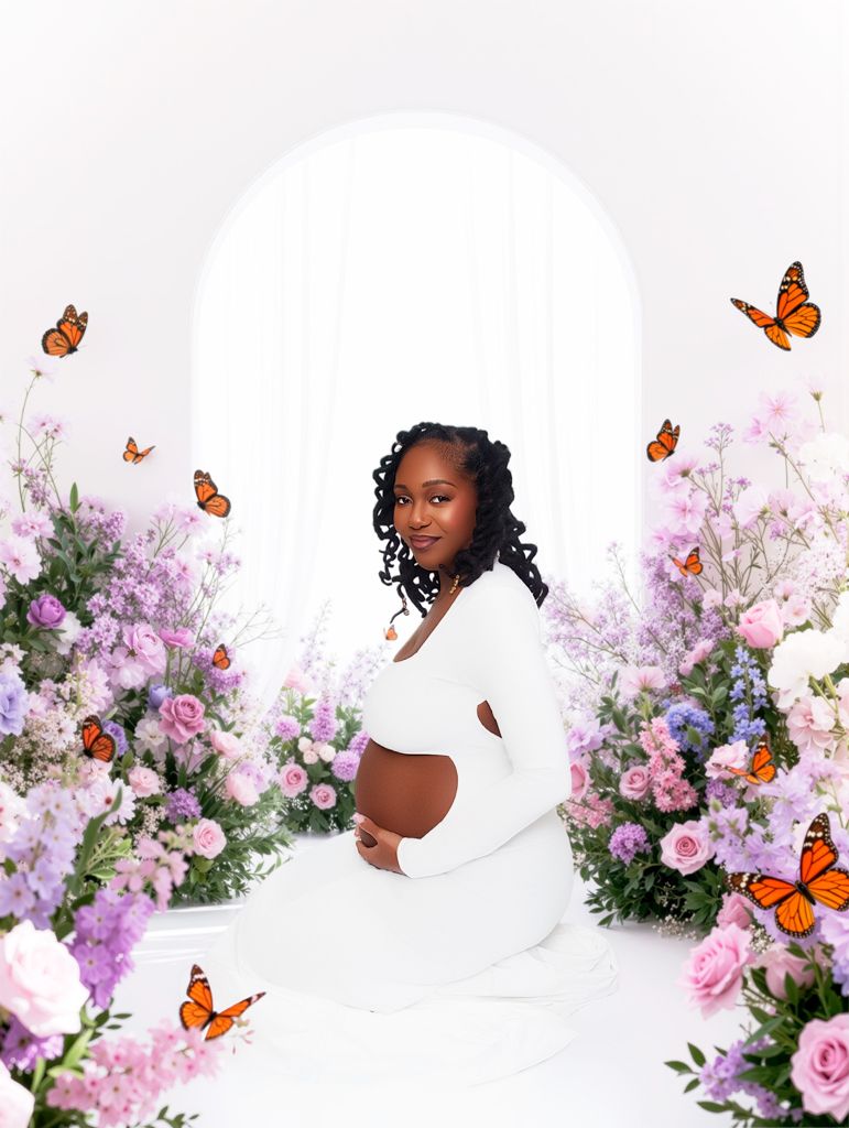 Ethereal maternity photo with purple flowers, monarch butterflies, and a white arch creating a dreamy garden scene.