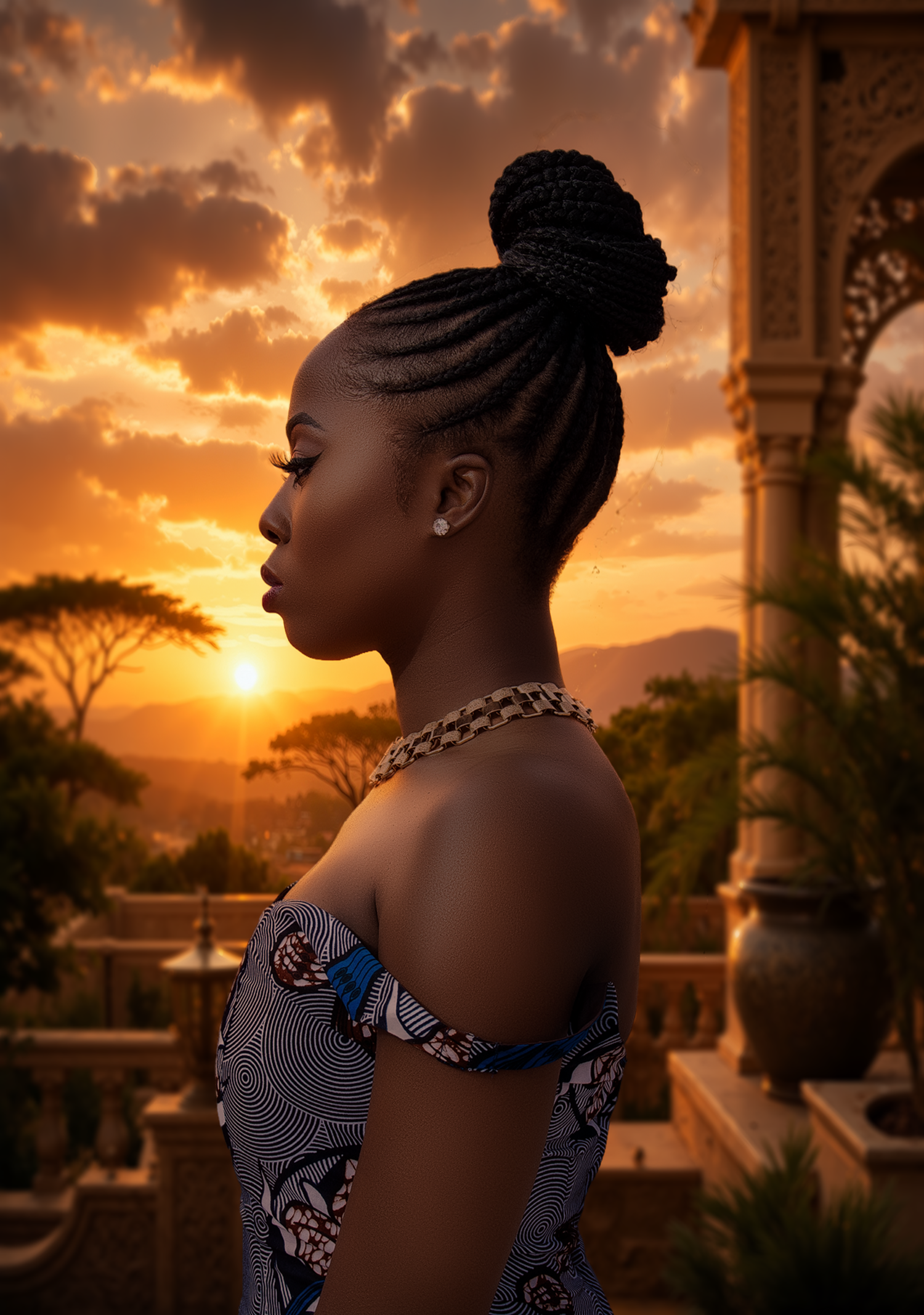 A Black woman with braided updo in African print dress poses at sunset with golden sky and architectural columns.