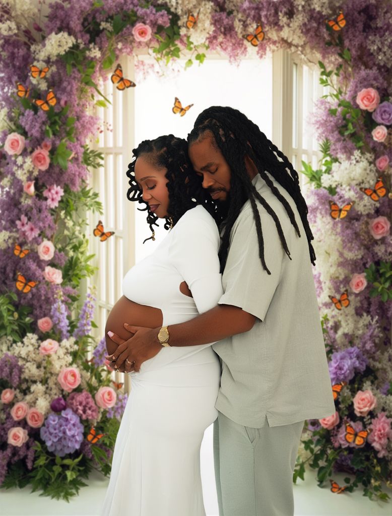 Romantic couple in white outfits embracing against a backdrop of purple and pink flowers with floating butterflies.