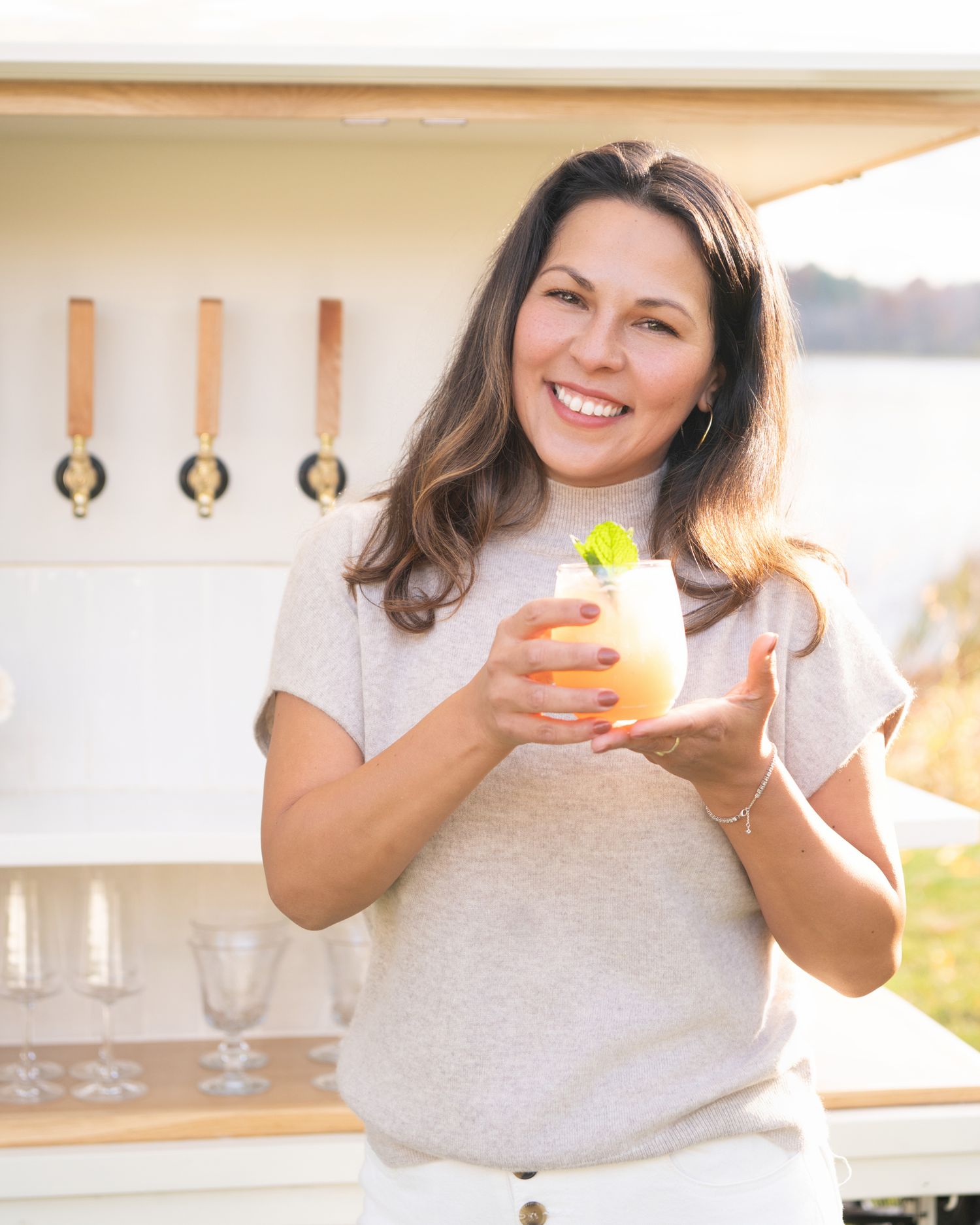 Lifestyle photos showing enjoyment of refreshing drinks in bright sunlit setting.