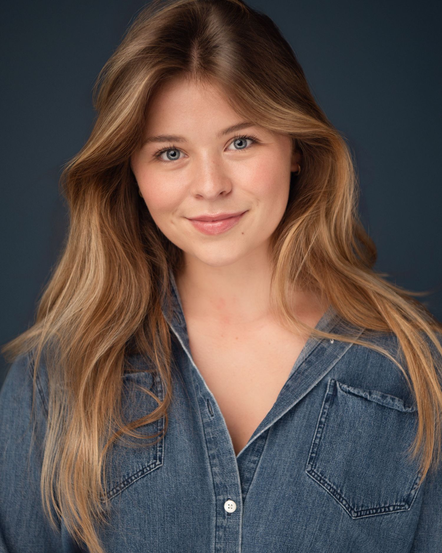 Series of casual portraits in denim shirt against dark blue background.