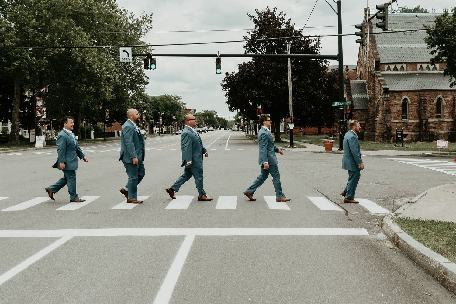 Palmyra NY wedding venue
Canal Town Community Church wedding
Finger Lakes groomsmen posing like Abbey Road
Wedding Photography