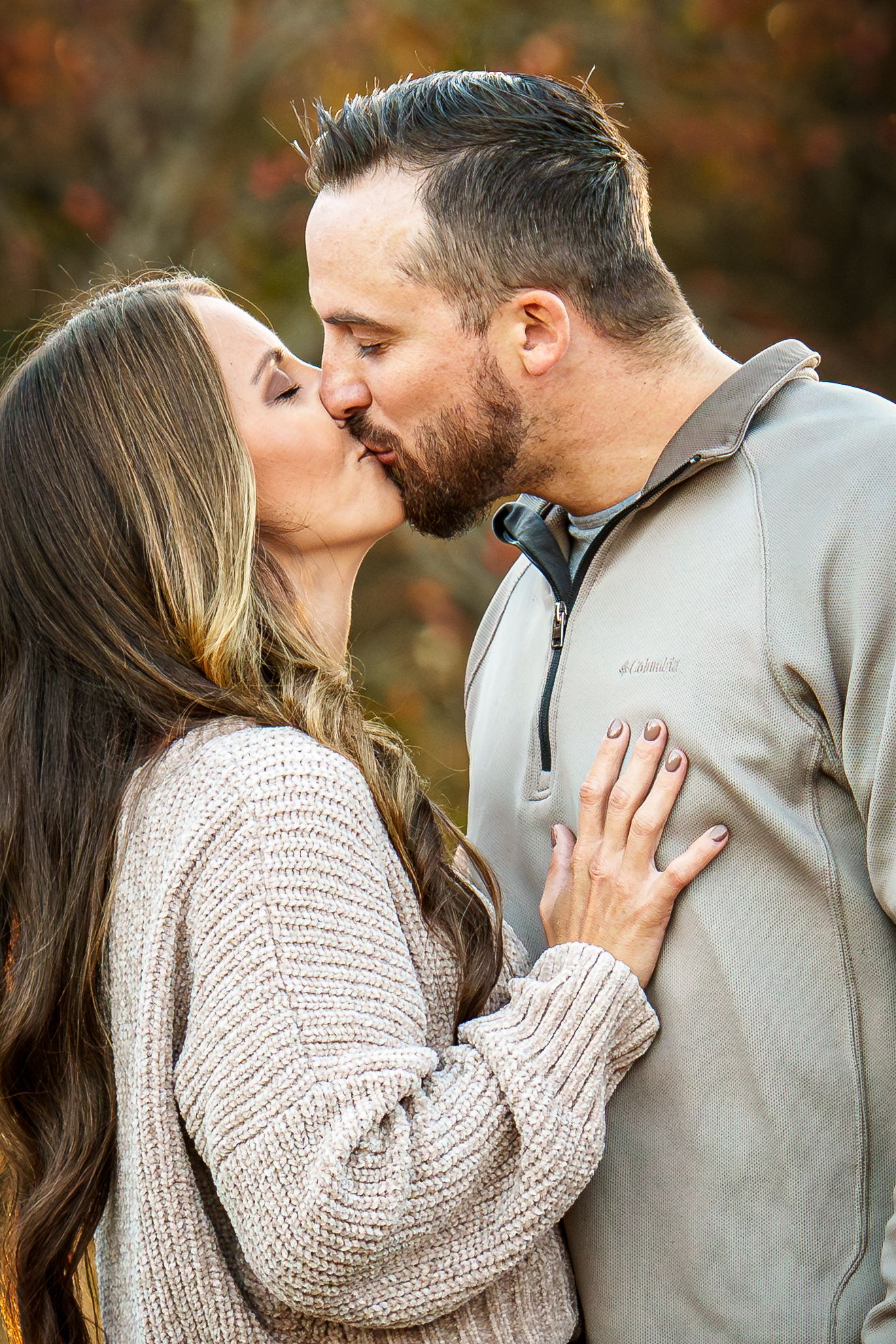 A romantic autumn engagement photo sequence showing a couple in a beige sweater and grey jacket sharing tender moments outdoors.