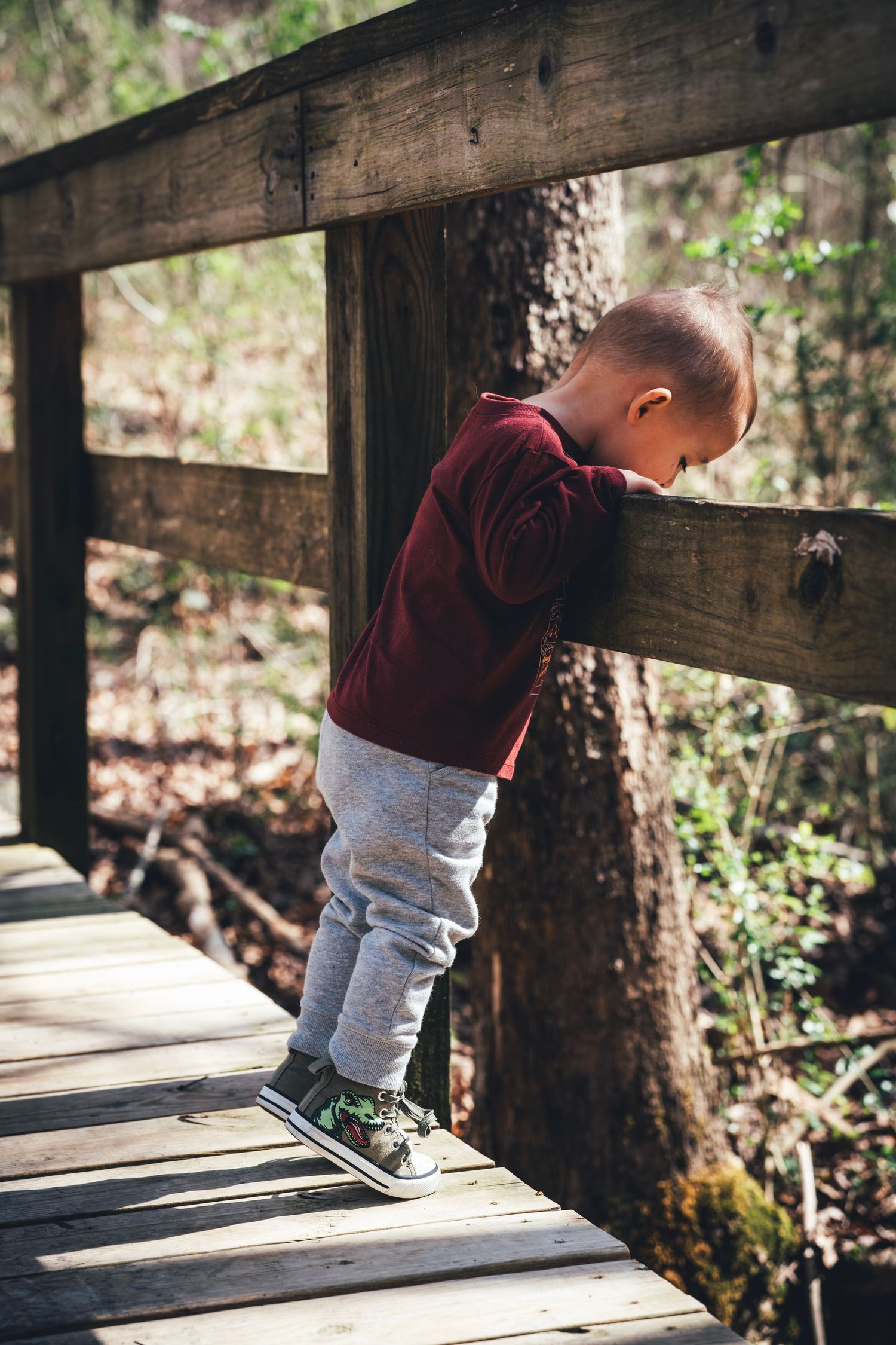 A young child in a burgundy shirt and jeans bends down to explore a wooden walkway in a forest setting.