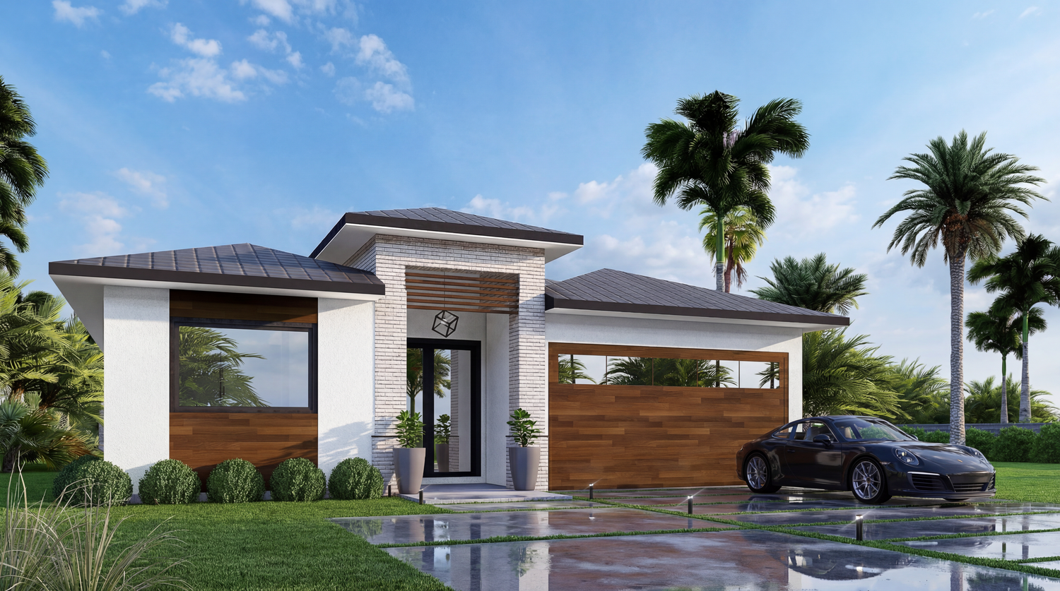 Luxurious modern residential homes with palm trees and sleek architectural designs in a tropical setting.
