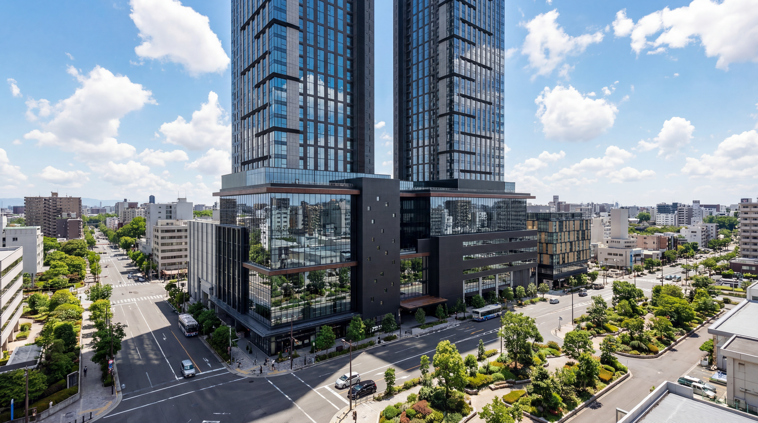 Panoramic aerial view of modern skyscrapers and urban architecture in downtown Tokyo on a sunny day.