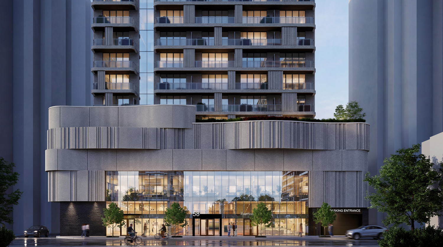 Modern apartment complex with glass facades and balconies showcased in a panoramic architectural rendering.