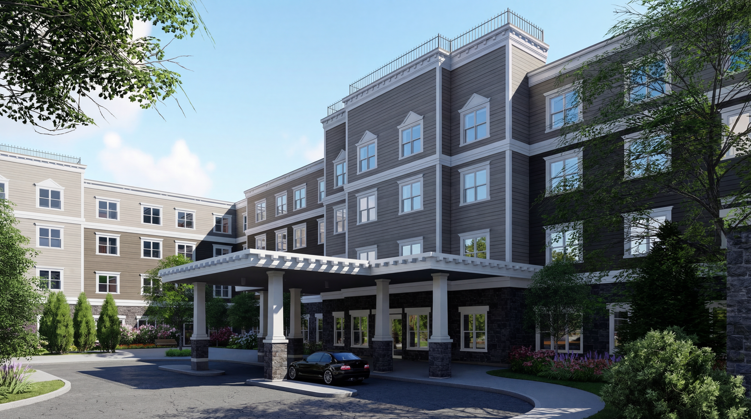 Modern brick apartment complex with landscaped grounds and parking area shown in a panoramic exterior view.