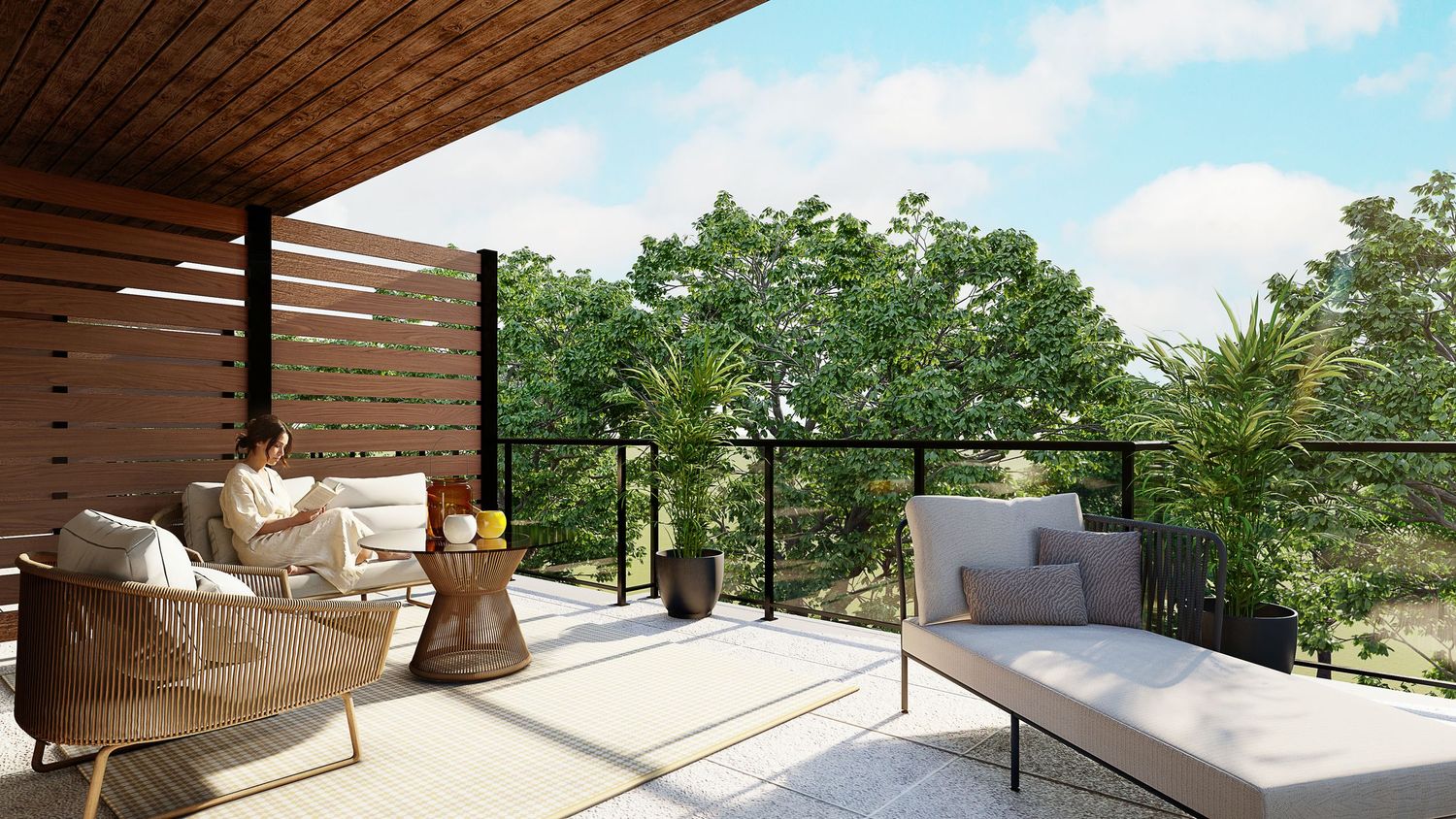 Panoramic view of covered outdoor patio area with wooden ceiling and modern architectural details.