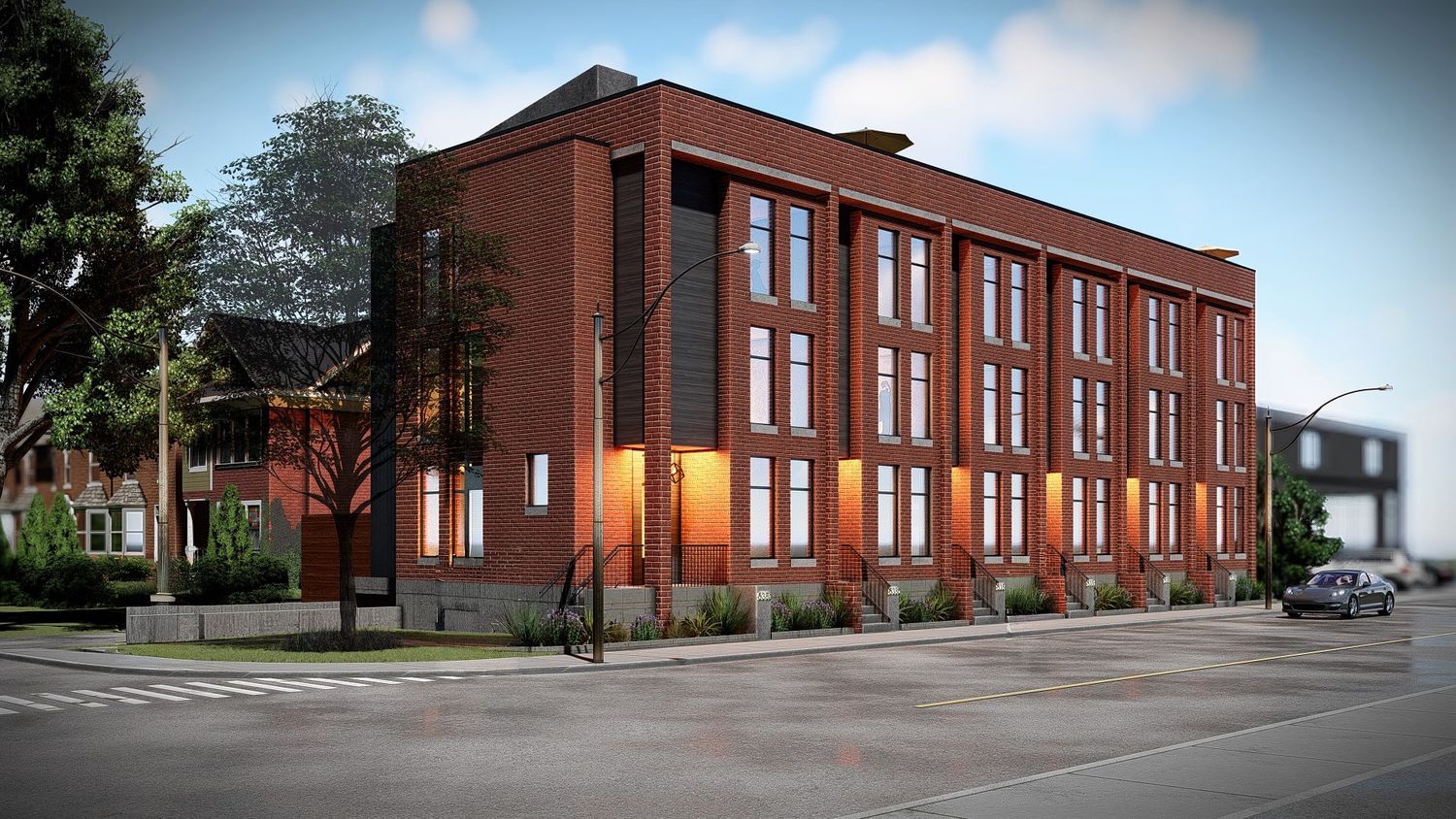 Long red brick apartment building complex with multiple units shown from different exterior angles and perspectives.