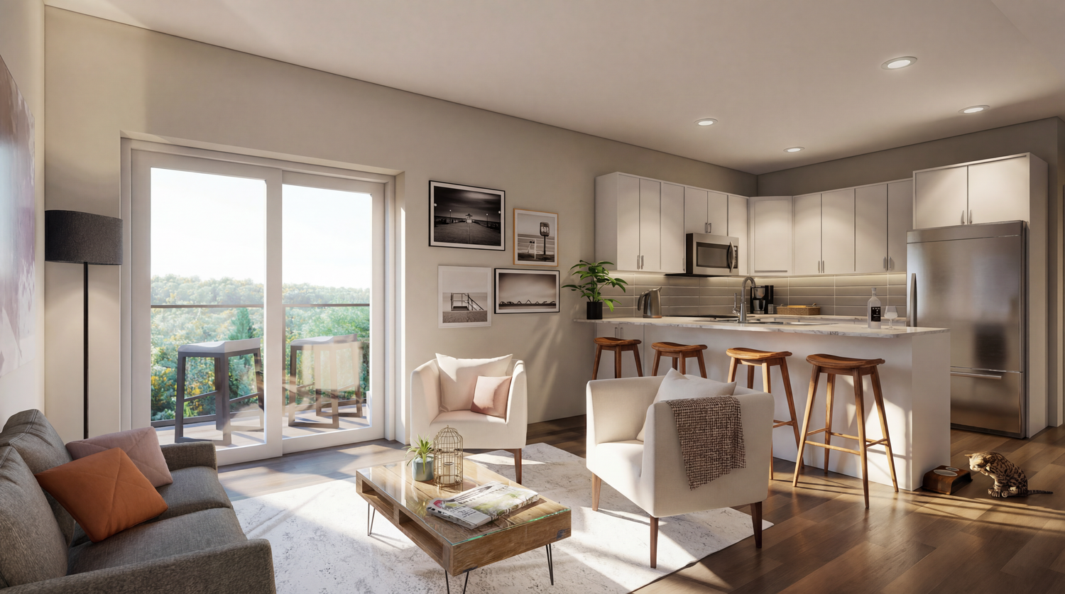 Modern open concept apartment interior with sleek kitchen, dining area, and living room featuring warm wood accents.