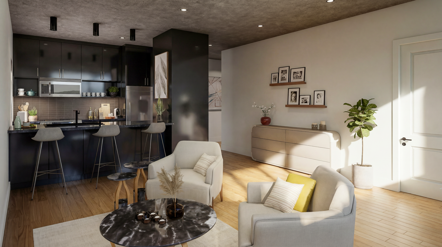 360-degree interior view of a contemporary living space with concrete ceiling and modern furnishings.