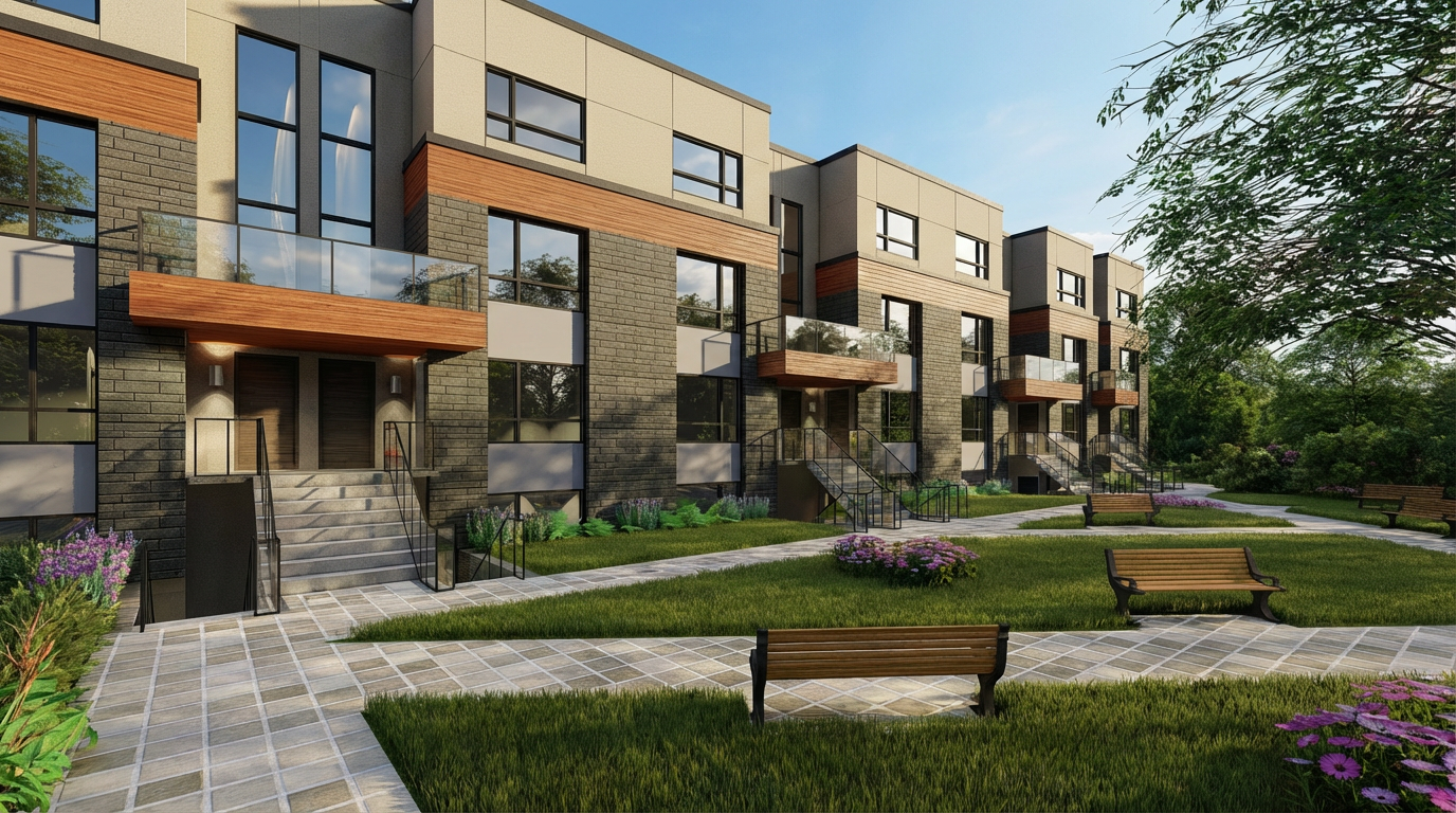 Modern residential buildings with wood accents and large windows arranged in a row along landscaped pathway.