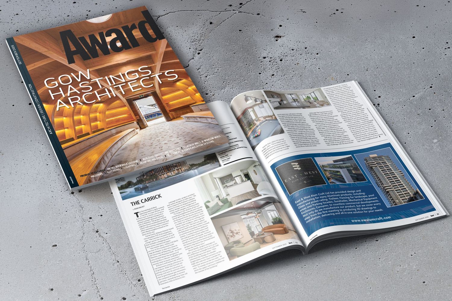 Multiple views of an open magazine with glossy pages spread out on a concrete surface showing editorial layouts.