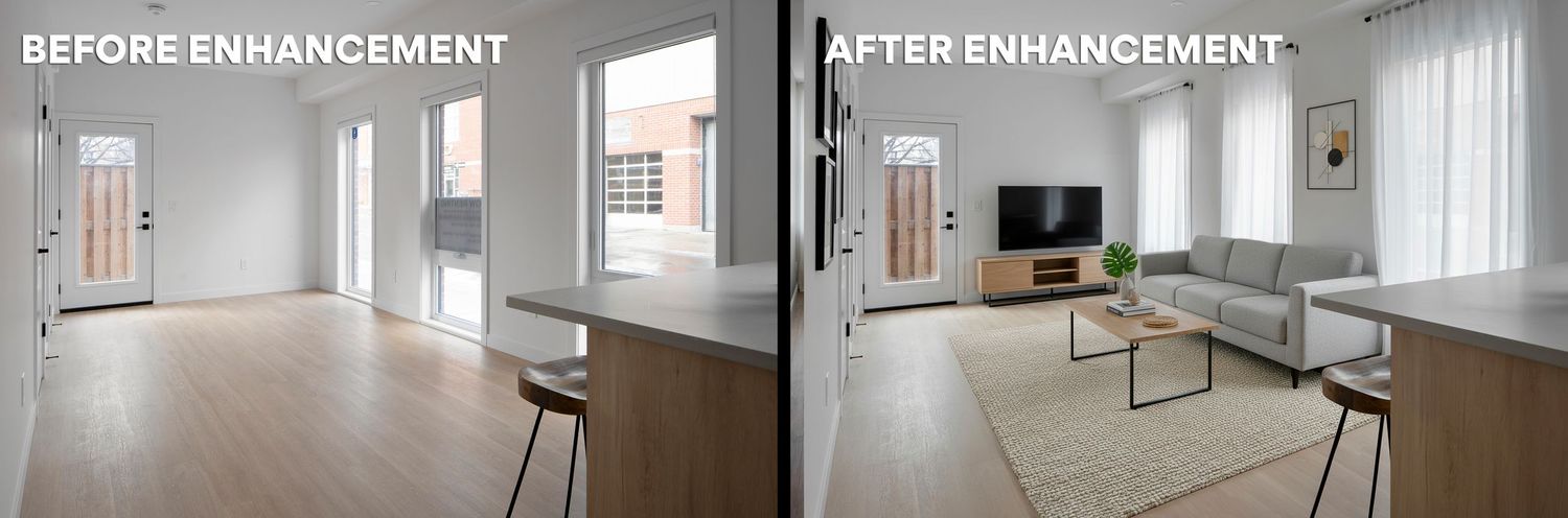 Before and after photo showing a modern living room transformation with added furniture, decor and area rug.