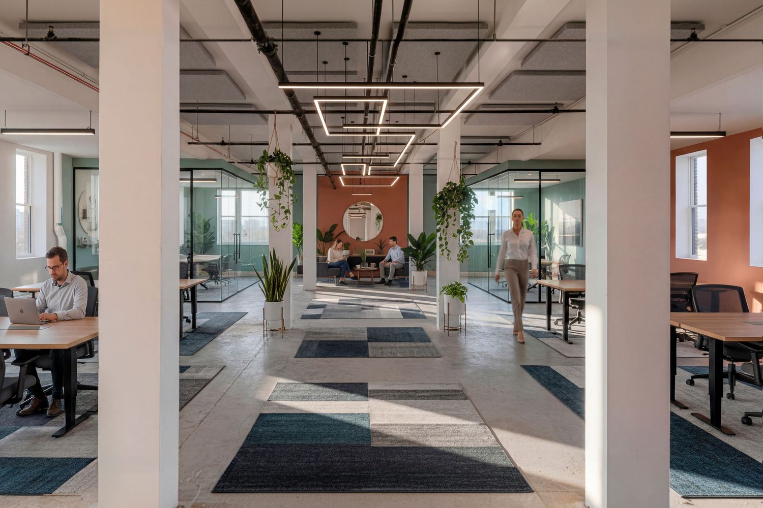 Modern open office space with geometric carpet patterns, white columns, and indoor plants creating a contemporary workspace design.