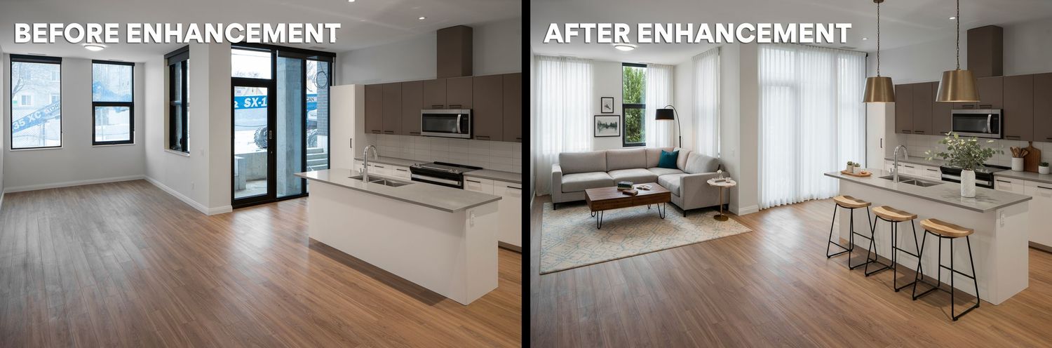 Before and after comparison showing a home renovation with hardwood flooring installation in multiple rooms.