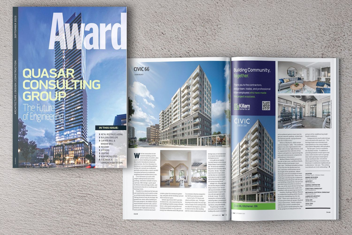 Magazine spread showing architectural designs and building renderings with multiple pages displaying modern commercial structures.