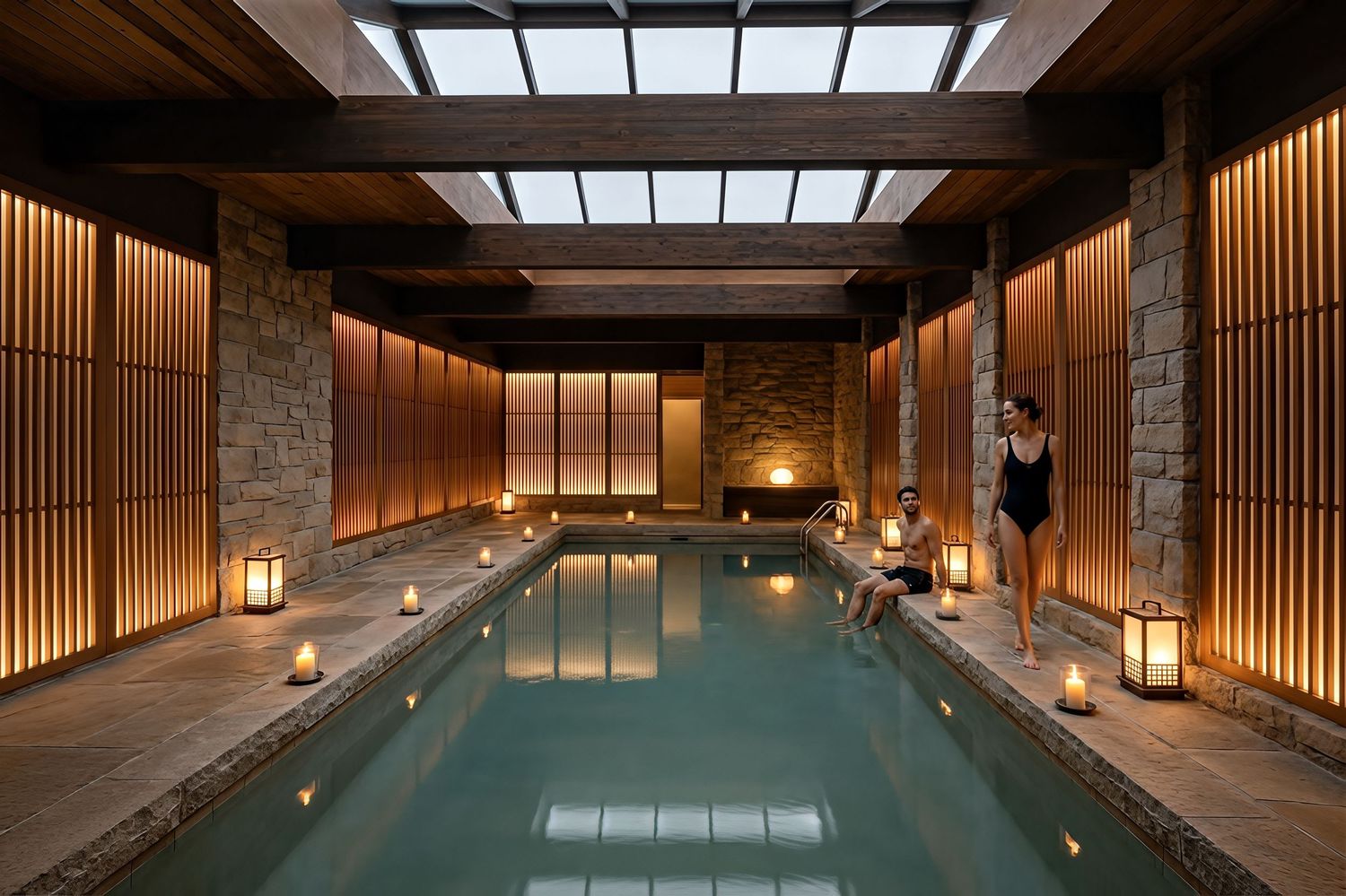 Luxurious indoor swimming pool with wooden slat walls, skylights, and ambient lighting creating a serene spa atmosphere.