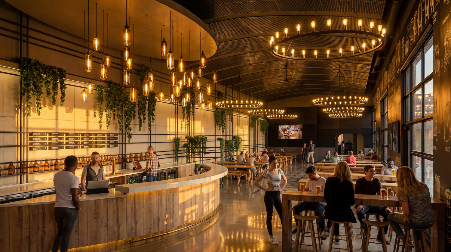Panoramic view of a rustic indoor event venue with warm string lights and wooden beams creating an intimate atmosphere.