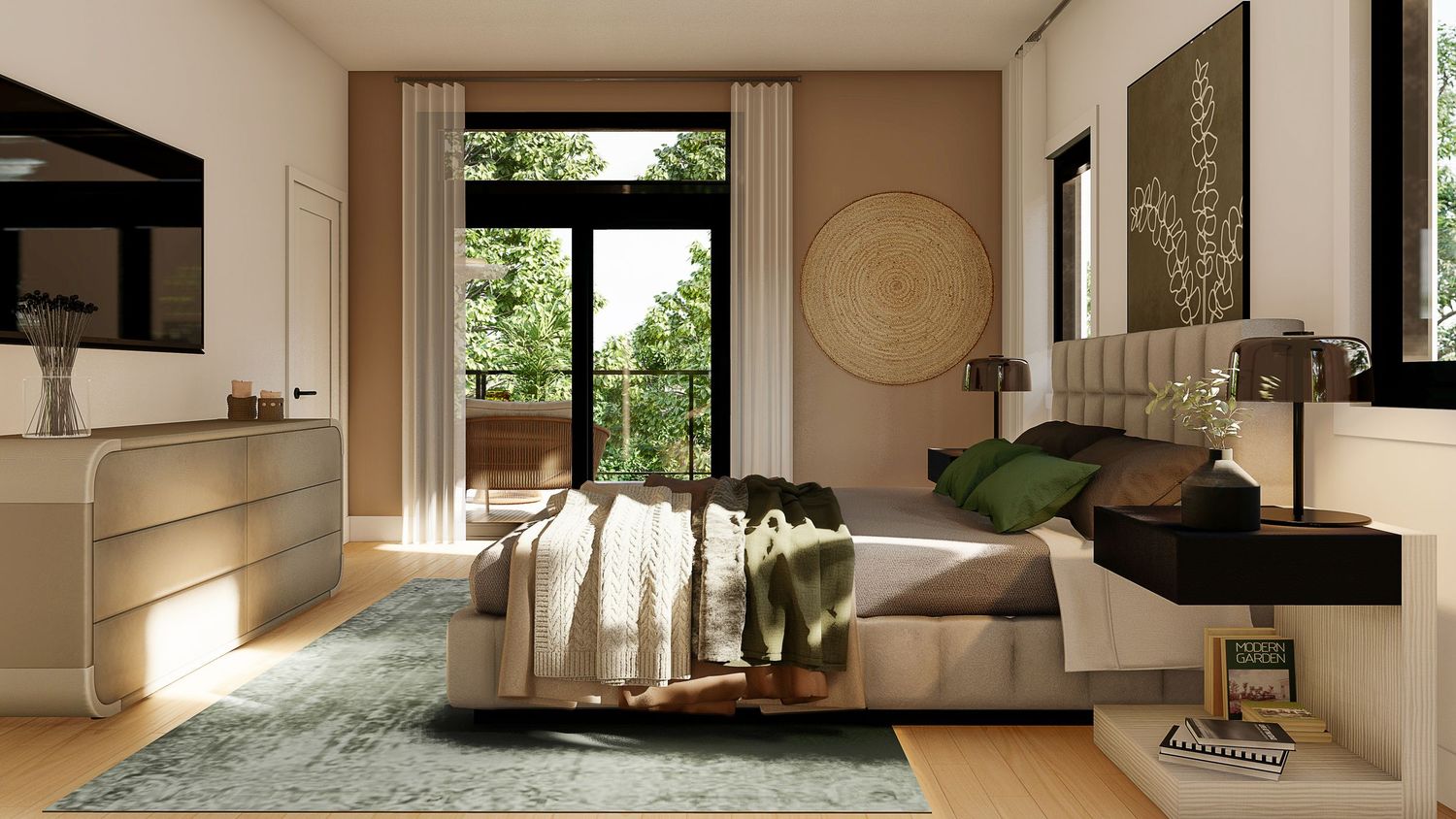 Open concept modern interior living space with minimalist design and large windows bringing in natural light.