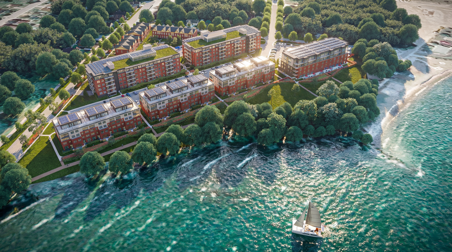 Aerial panoramic view of a luxury oceanfront resort property with red brick buildings nestled among lush trees.
