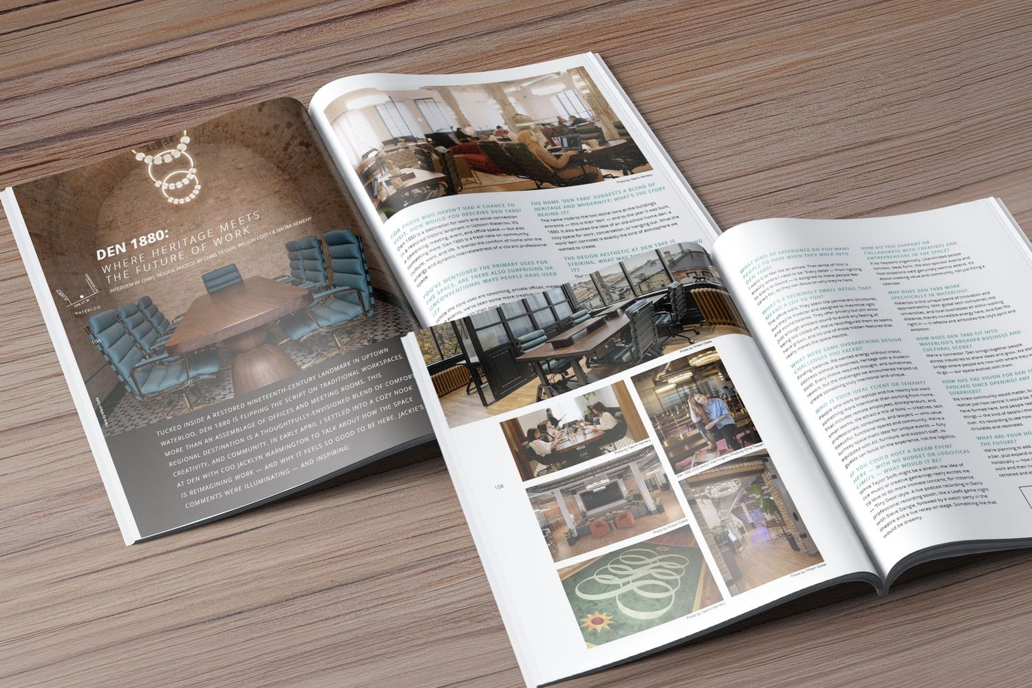 Open magazine pages showing editorial layouts and spreads with text and images on a wooden surface.