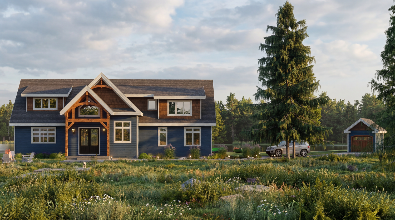 A panoramic view of modern craftsman-style homes nestled among tall grass and wildflowers at sunset.
