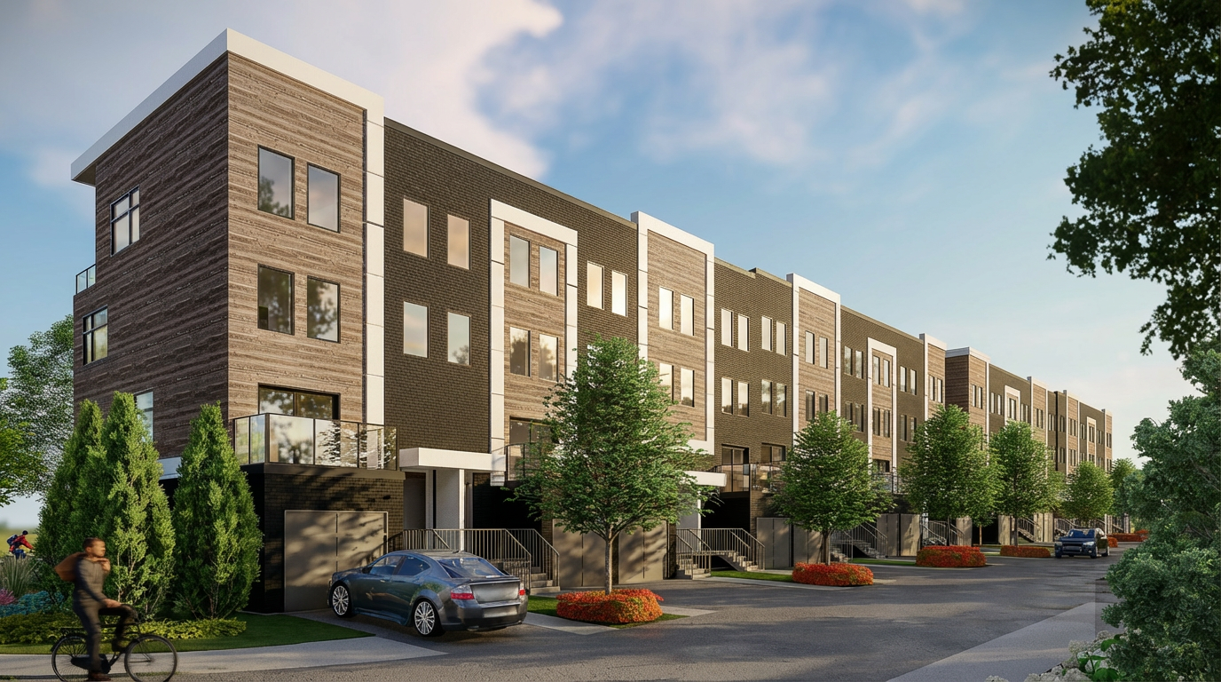Row of contemporary townhouses with brown and grey facades along a curved residential street.