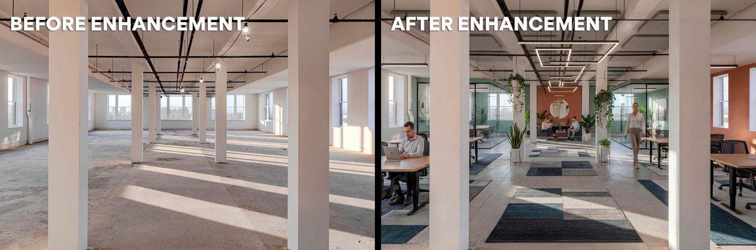 Interior renovation comparison showing modern office space transformation with natural lighting.