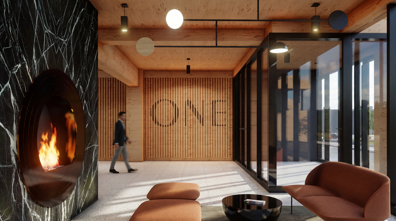 Modern office lobby with wood paneled walls, stone fireplace, and contemporary orange seating in a minimalist space.