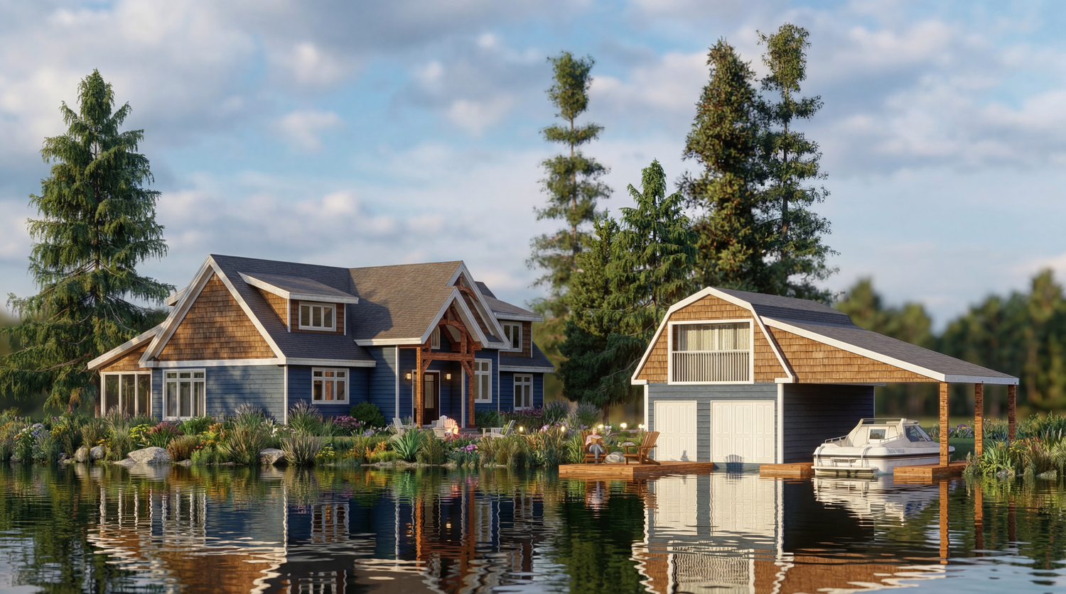 A scenic waterfront view of luxury lakeside homes and boats docked along the shoreline on a sunny summer day.