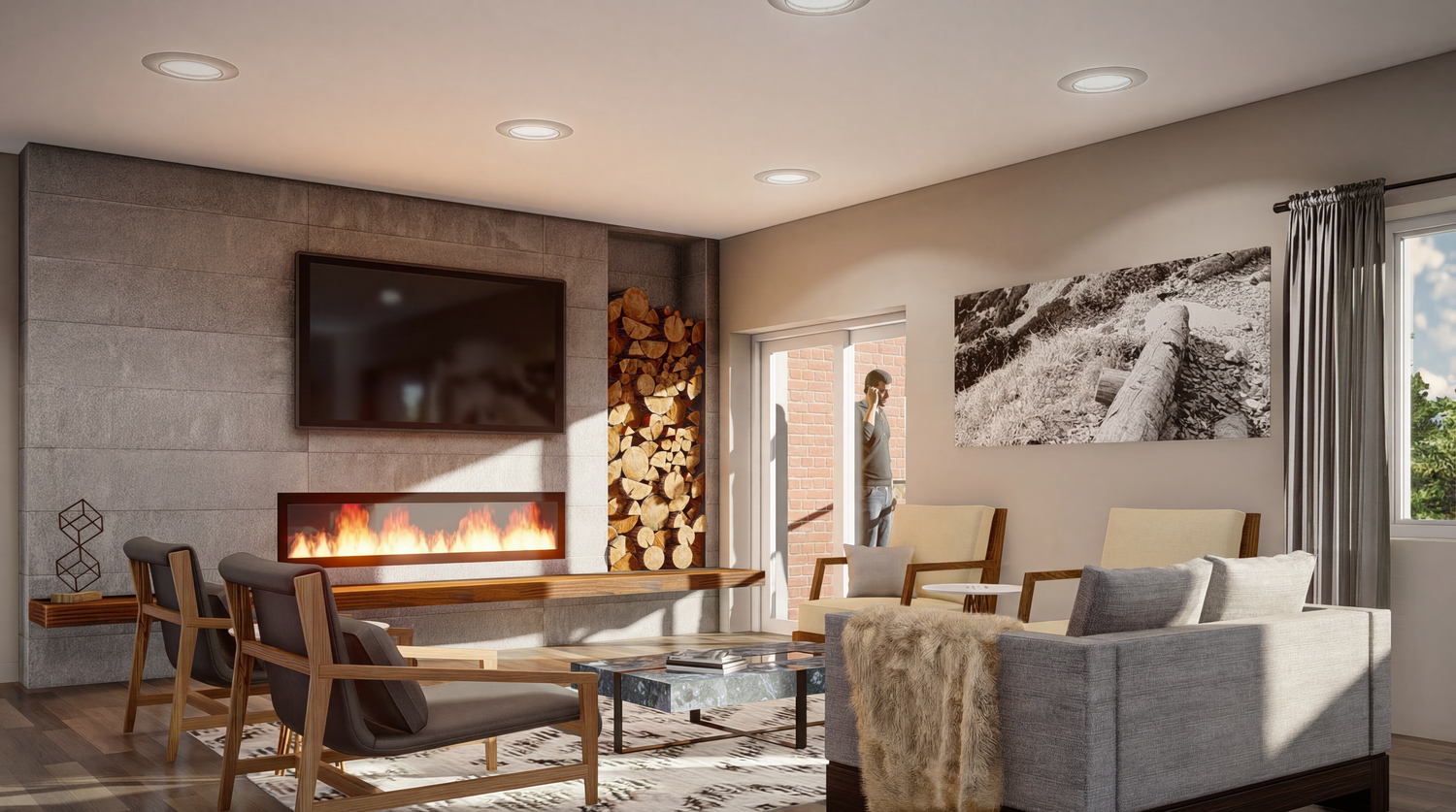 Modern minimalist living space interior with recessed lighting and contemporary furniture in neutral tones.