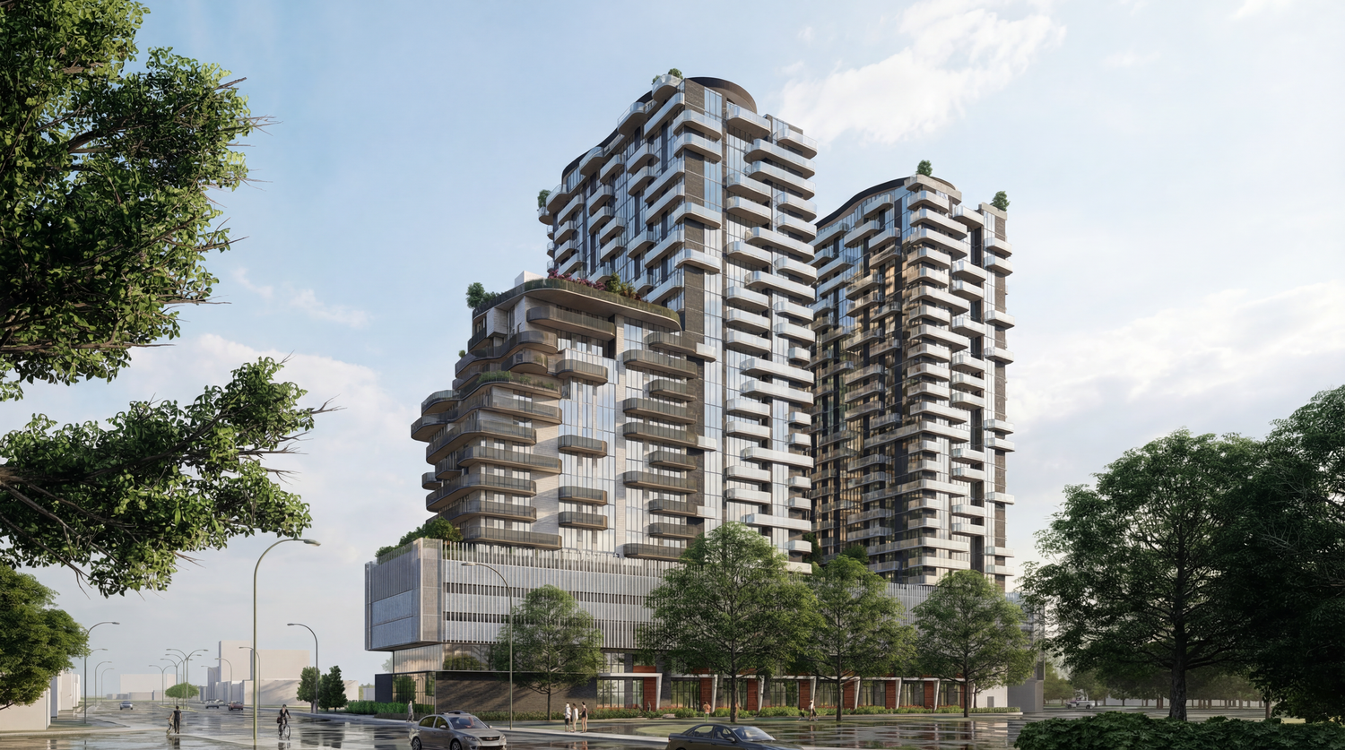 Modern luxury residential towers with staggered balconies and geometric architecture rise against a bright sky surrounded by trees.