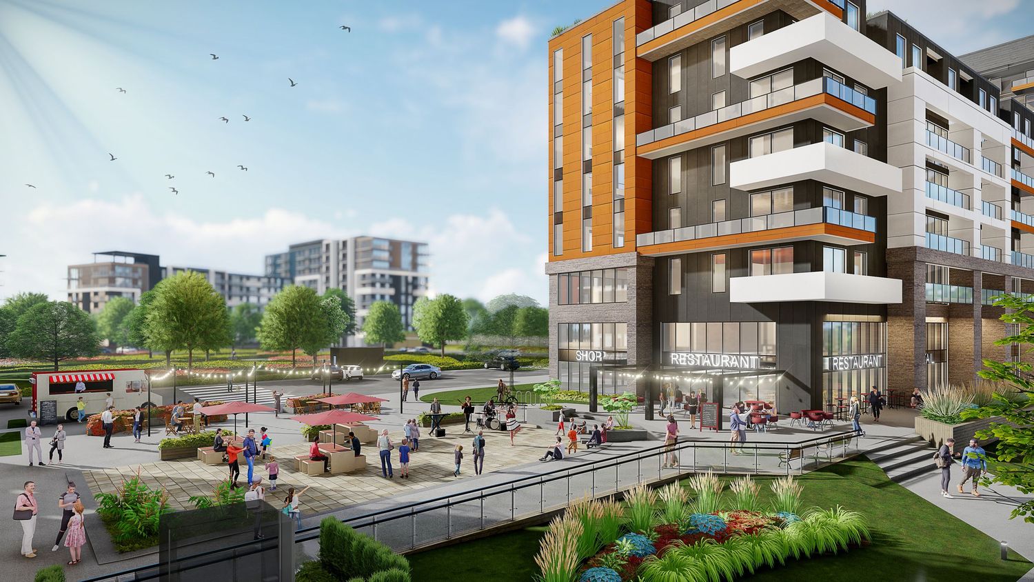 Modern residential development with mixed-use buildings overlooking a vibrant public plaza with pedestrians and walkways.