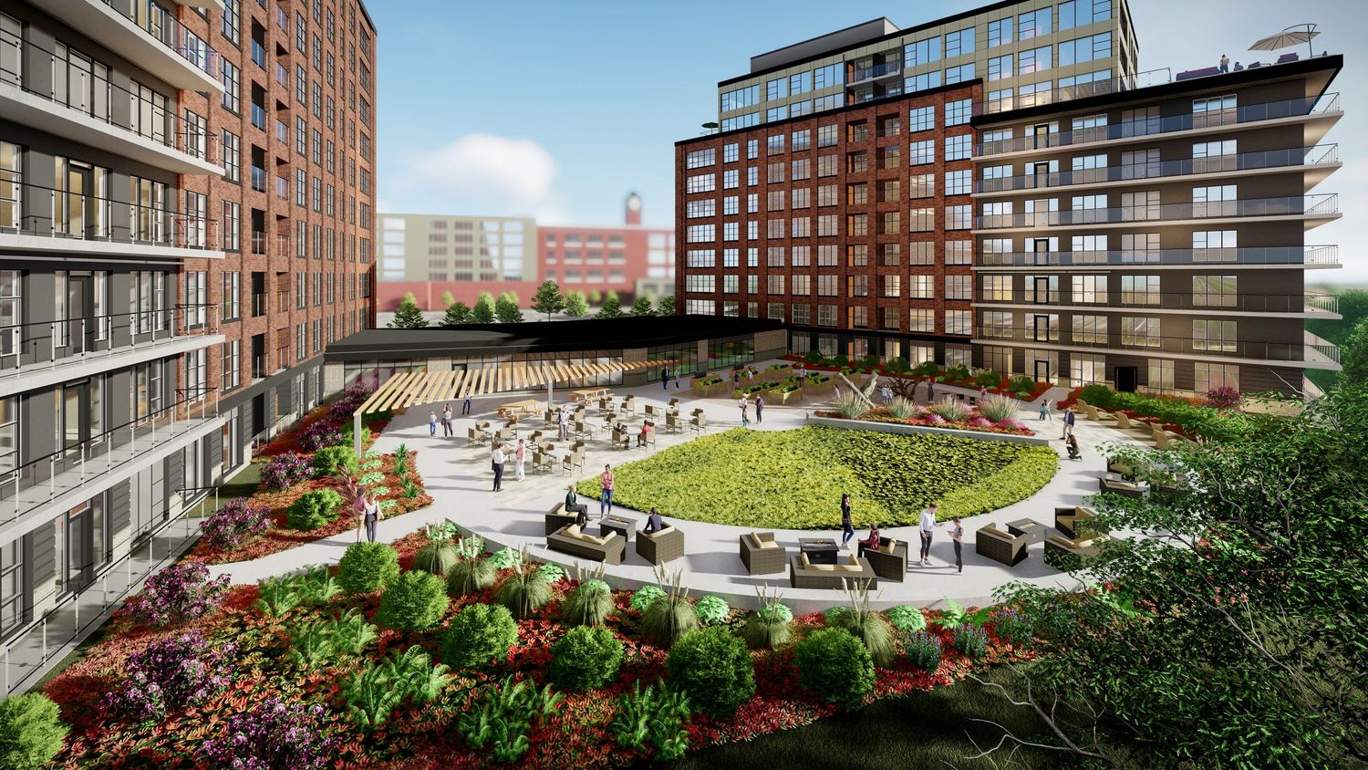 A panoramic view of modern apartment buildings with a rooftop garden terrace featuring lush greenery and seating areas.