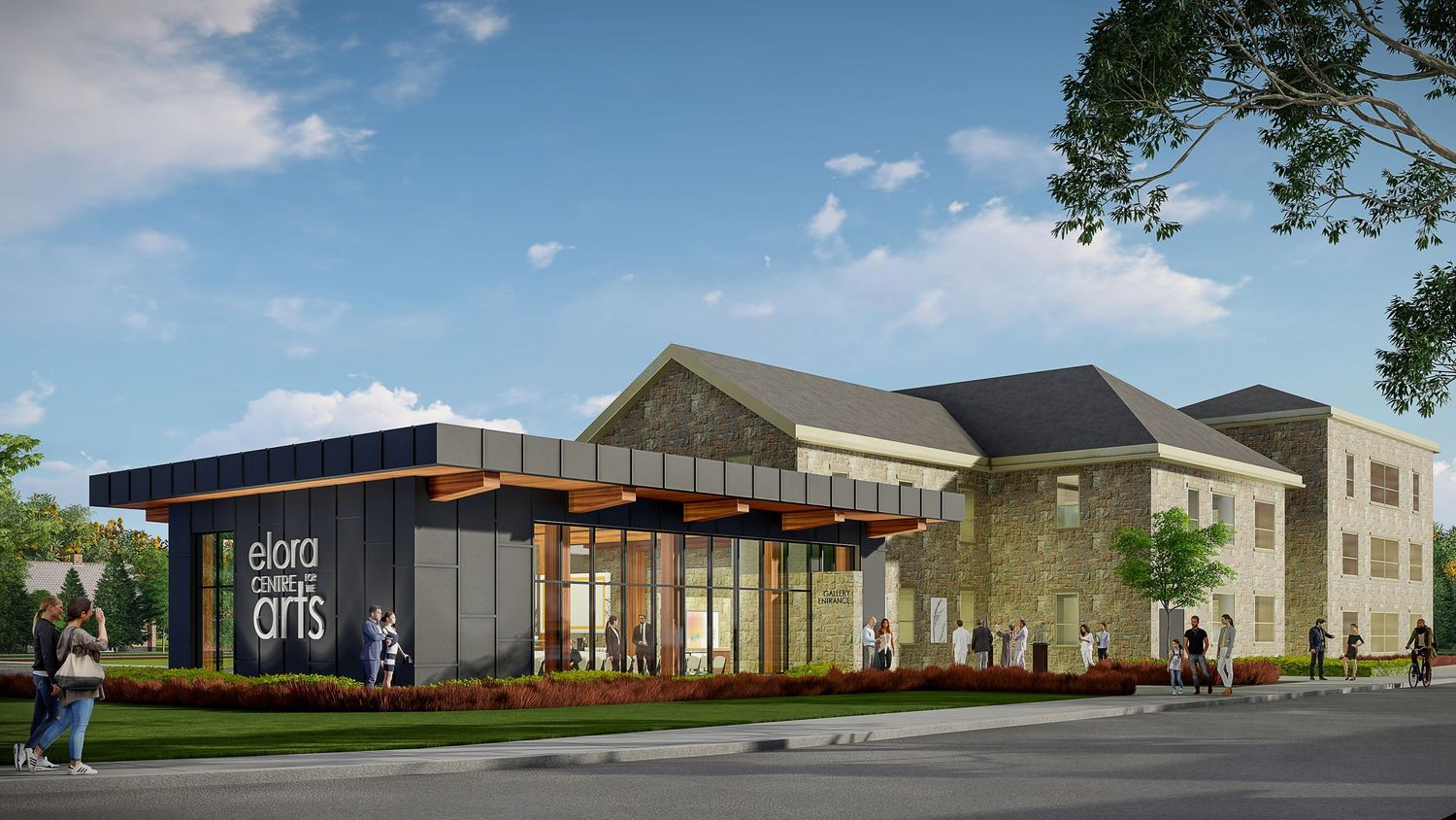 Architectural rendering of modern commercial buildings with glass facades and landscaping against a blue sky.