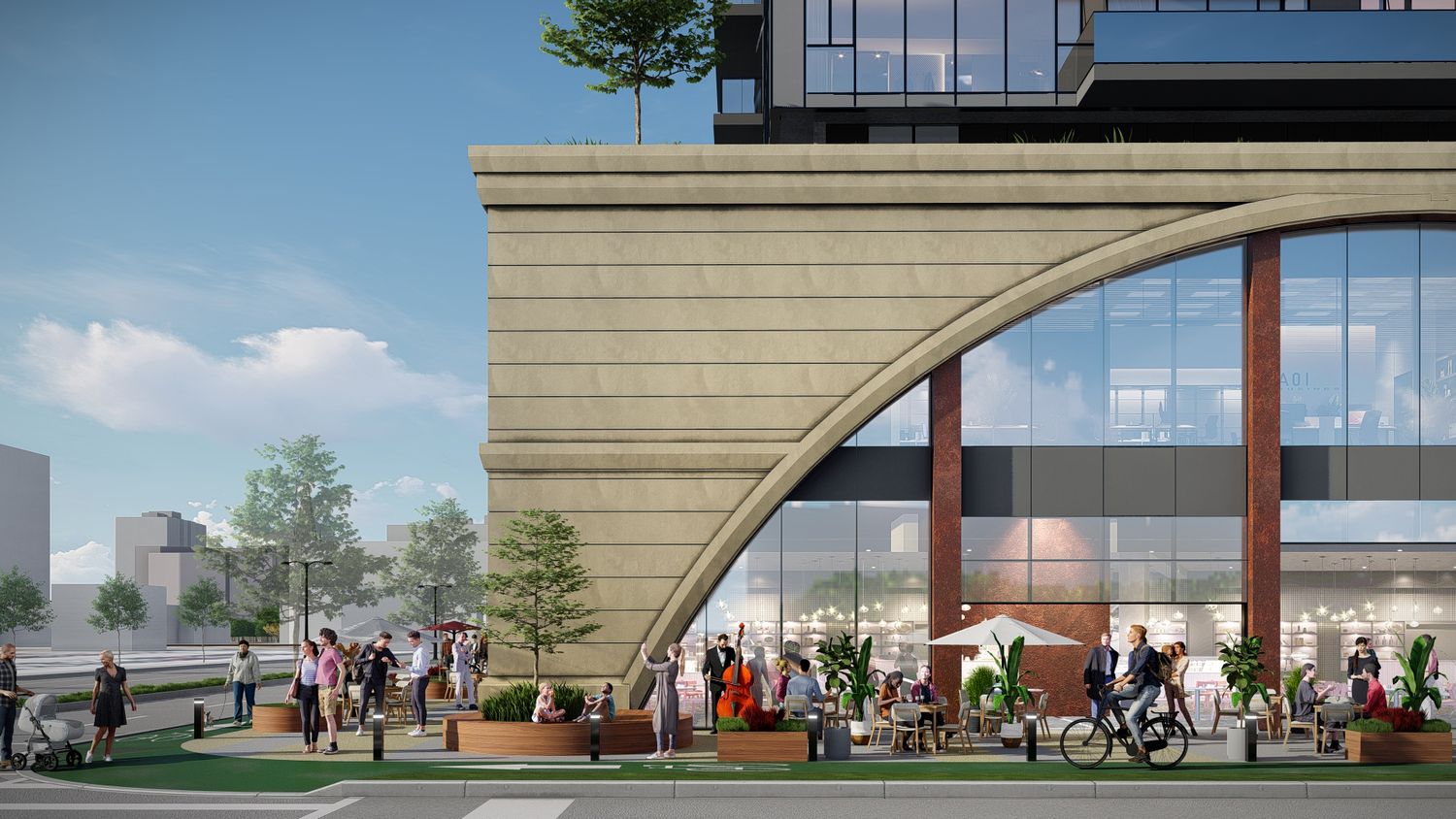 A modern architectural rendering shows a curved glass and steel building entrance with outdoor seating areas and landscaping.